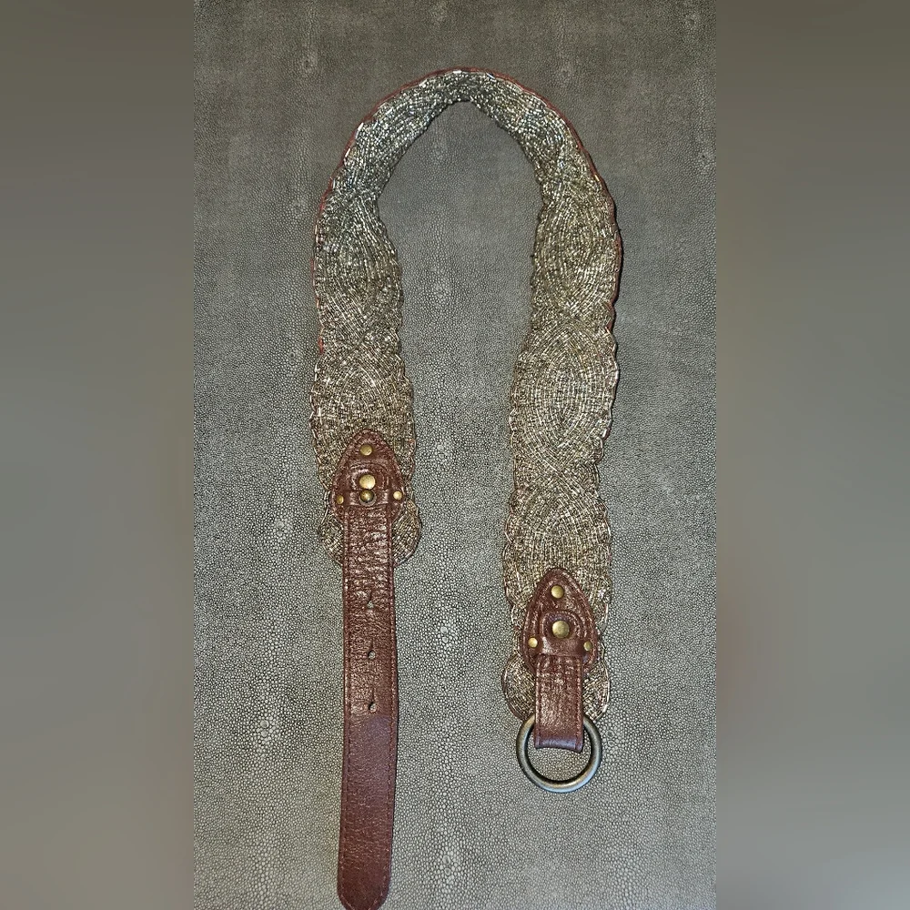 Jasper&Jeera for Anthropologie, Brown Leather Belt With Clear Beaded Design - Picture 2 of 4